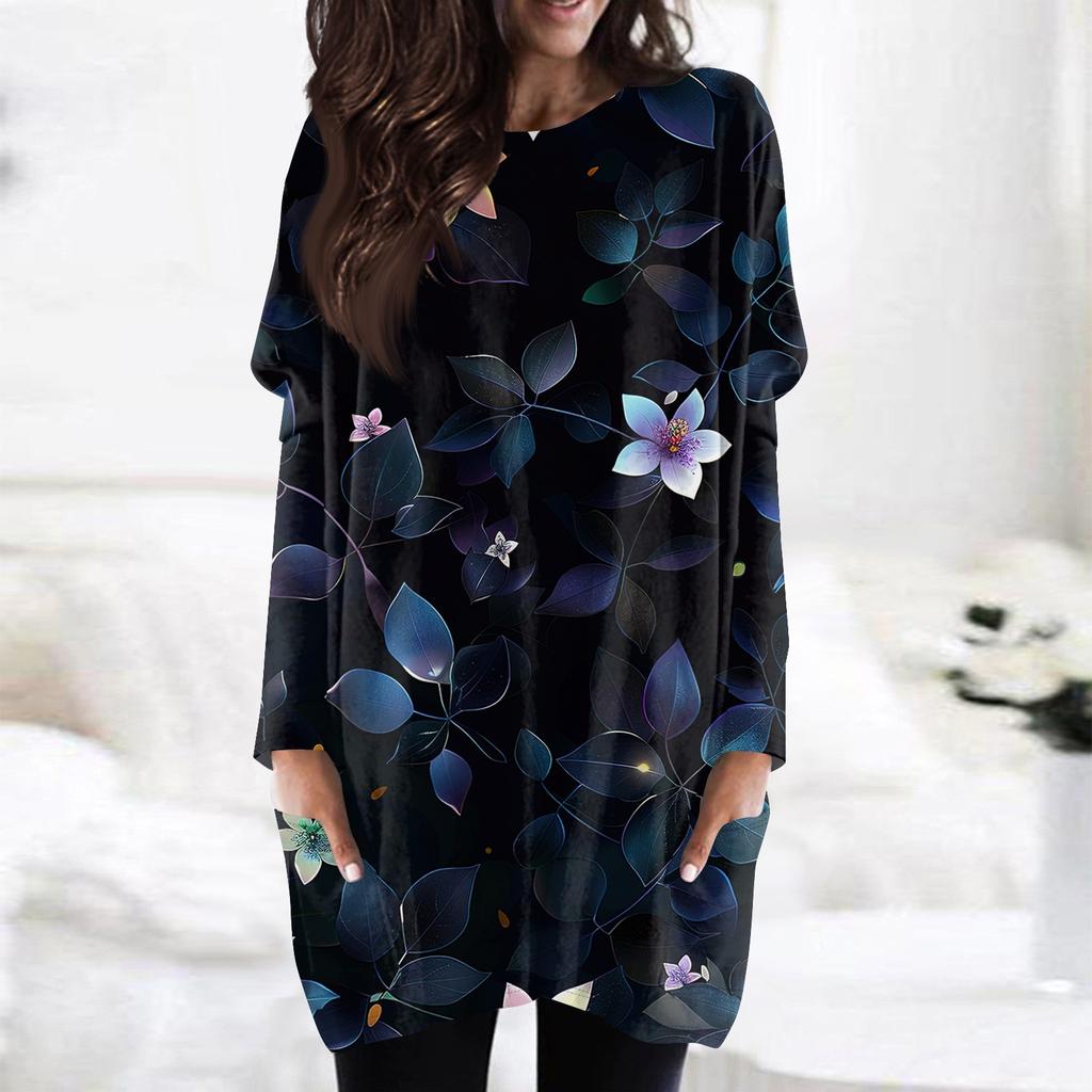 Women's Fashion Casual Long Sleeve Print Round Neck Double Pocket T-Shirt Top