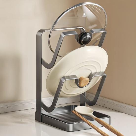 Держатель крышек для кастрюль на столешницу во время готовки, кухонный органайзер для крышек кастрюль с подставкой для ложки, стойка для хранения крышек сковородок из углеродистой стали с поддоном для капель для крышек кастрюль