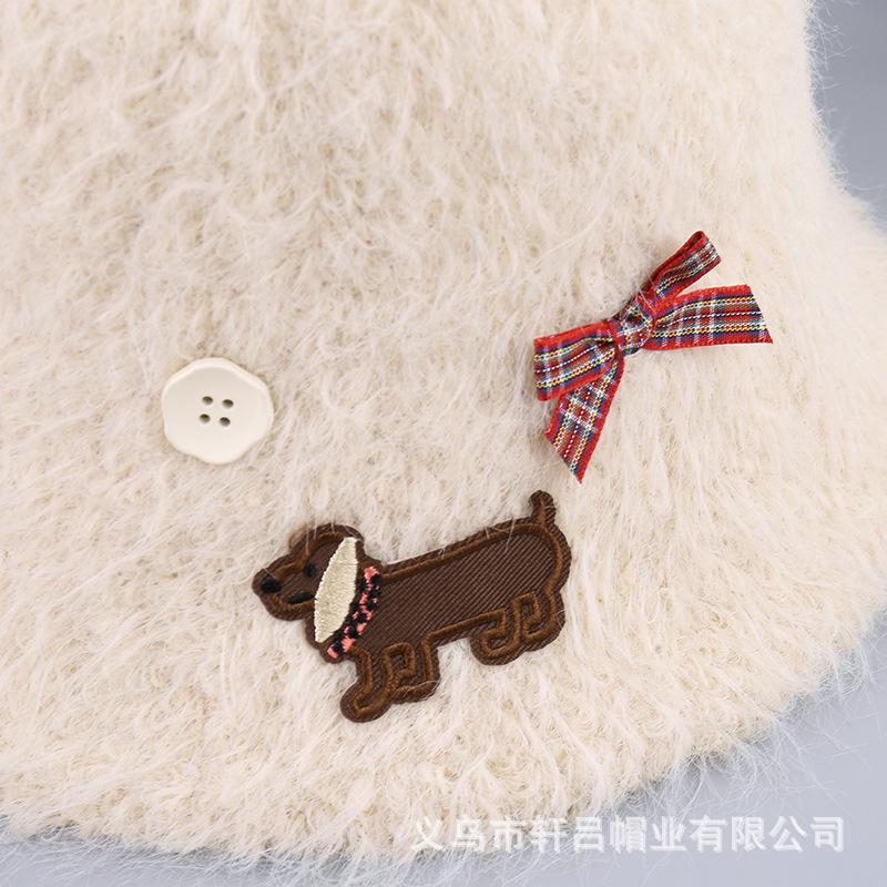 Autumn and winter new warm plush basin hat female cute puppy bow versatile face small bucket hat tide