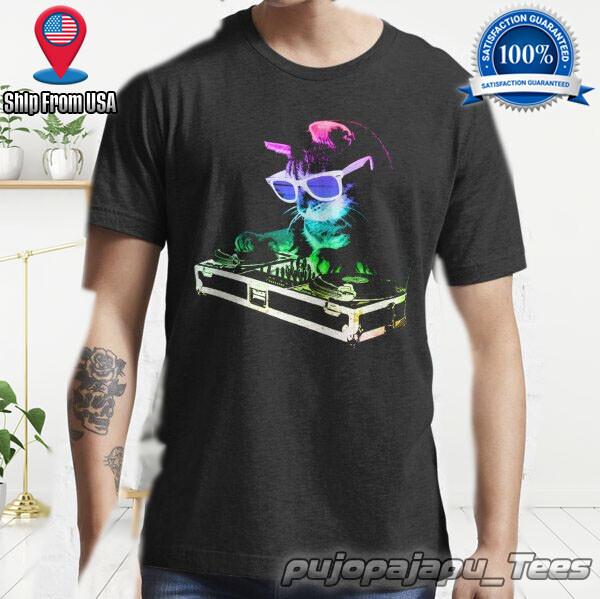 HOUSE CAT Rainbow DJ Kitty American funny cotton T-shirt SIZE S5XL