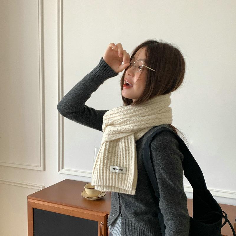 New Korean version winter knitted scarf women's solid color warm versatile wool scarf student couple scarf