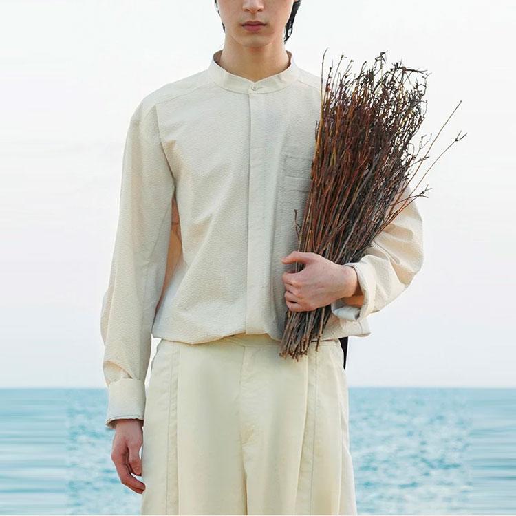 Li Ning X Jackie Chan Collaboration Kung Fu Series Однотонная свободная рубашка с воротником-стойкой и длинными рукавами Рубашки унисекс Перламутрово-белые ASHS051-1