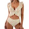 2025 Бикини с оборками и цветочным принтом Женский купальник-двойка пуш-ап Модный раздельный купальник Летний праздничный купальный костюм Пляжная одежда