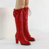 Fashion 7cm High Block Heels Bowtie Lace-up Lolita Lady Zipper Long Riding Boots Winter Sweet Women Knee High Boots PU Leather Round Toe