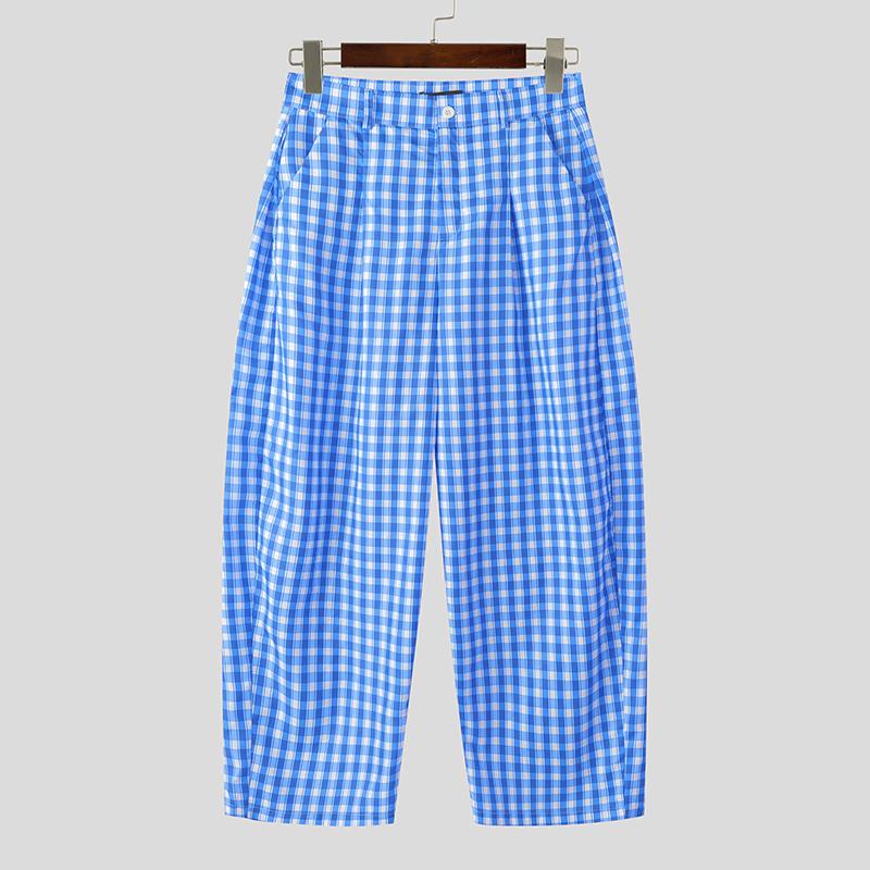 INCERUN Men Casual Loose Zip-up Waist Plaid Nonelastic Wide Legs Pants Long Trousers