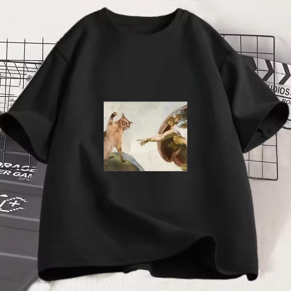 Funny Cat God Adam Creation Meme Pattern Unisex Women TShirt Casual Short Sleeve Jesus Picture Unisex TShirt Round Neck Tee Tops