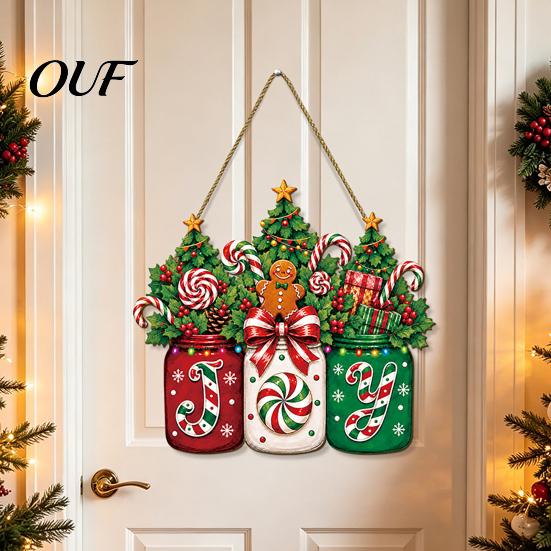 Wooden Hanging Decor for Christmas Door Sign, Gingerbread Candy Joy Wreath, Mason Party Hanger Jar Welcome Sign Front Door, Wall, Window, Porch