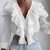 Fashion Ruffled Loose V-neck Chiffon Shirt Women Long Sleeve White Blouse For Women Elegant Fold Tops Casual Solid Shirts 29087
