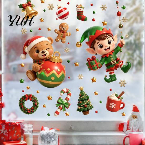 Electrostatic Glass Decals for Holidays 2PCS Christmas Window Static Sticker, Cute Cartoon Elves And Bears Winter Holiday Decorations Print,