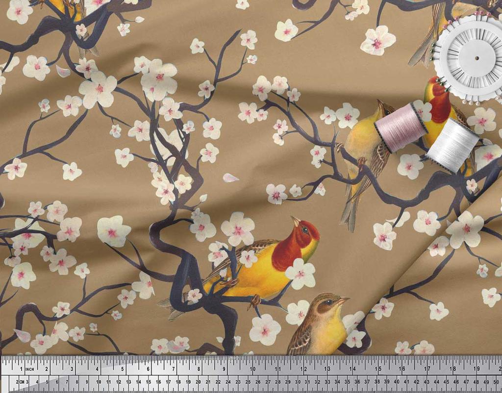 Soimoi Коричневая модальная атласная ткань с изображением рыб | Птицы и яхты Ткань с принтом птиц 1 ярд 42 дюйма