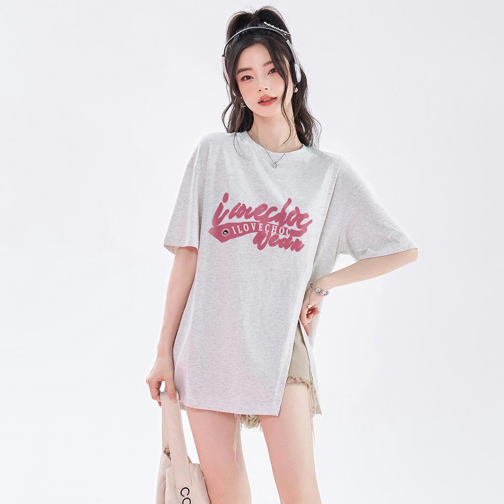 100% Cotton Short sleeved T-shirt for Women: Summer New Round Neck Printed Medium to Long Bottom Top