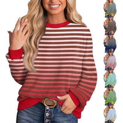Женские повседневные свободные туники, топы с круглым вырезом, трикотажные ребристые рубашки с принтом, длинный рукав, пуловер, топ