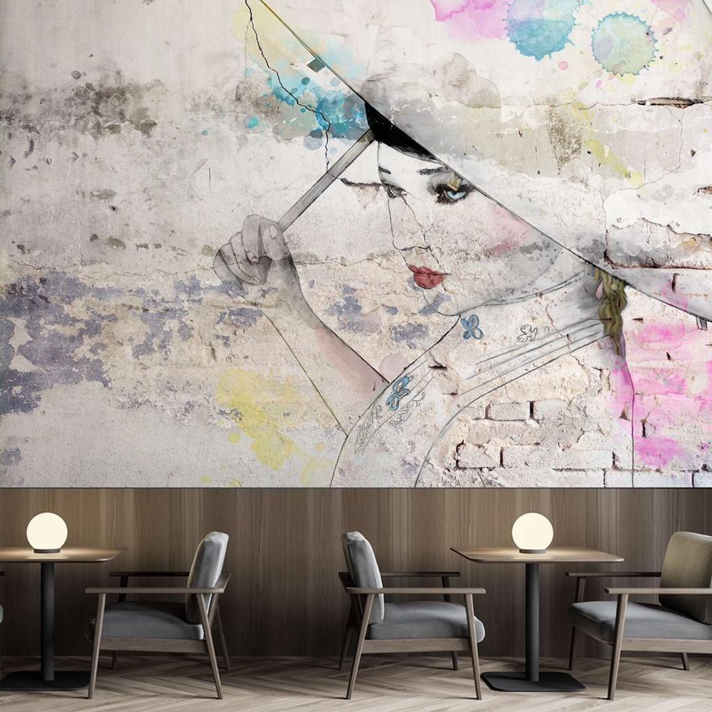 Обои Гейша Зонтик Бетонная Стена