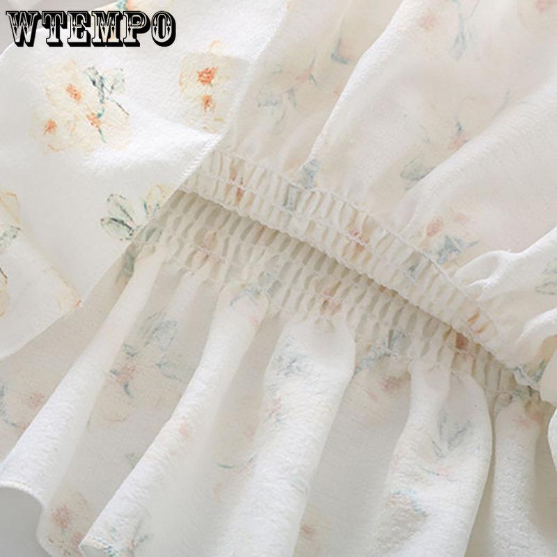 WTEMPO Женские летние шифоновые рубашки с цветочным принтом, женские повседневные желтые фиолетовые укороченные топы с квадратным воротником и коротким рукавом