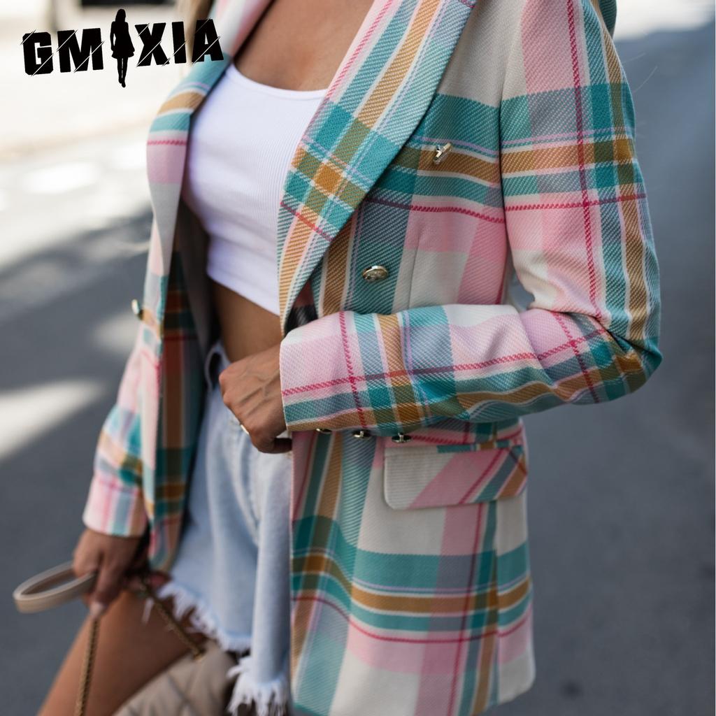 GMXIA Autumn Winter Plaid Print Long Sleeve POLO Neck Small Suit Jacket
