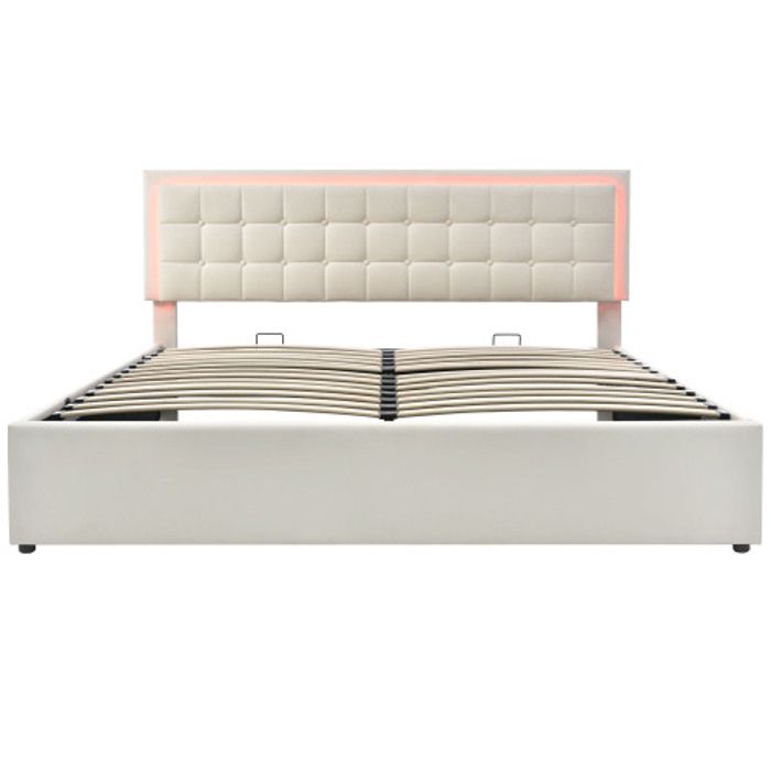 Lit avec cadre de lit LED - MUVOE - 140x200cm - Similicuir blanc - Matelas inclus - Espace de rangement