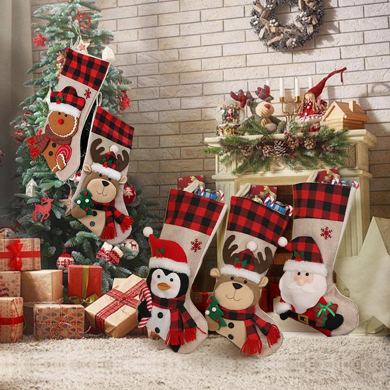 Christmas Stockings, Christmas Stocking Deer Santa Snowman Burlap Plaid Xmas Stocking Holiday Christmas Decoration For Family