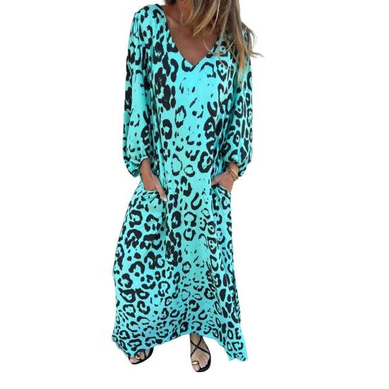 Женское платье с леопардовым принтом, V-образный вырез, длинный рукав, макси-платье, повседневный свободный крой