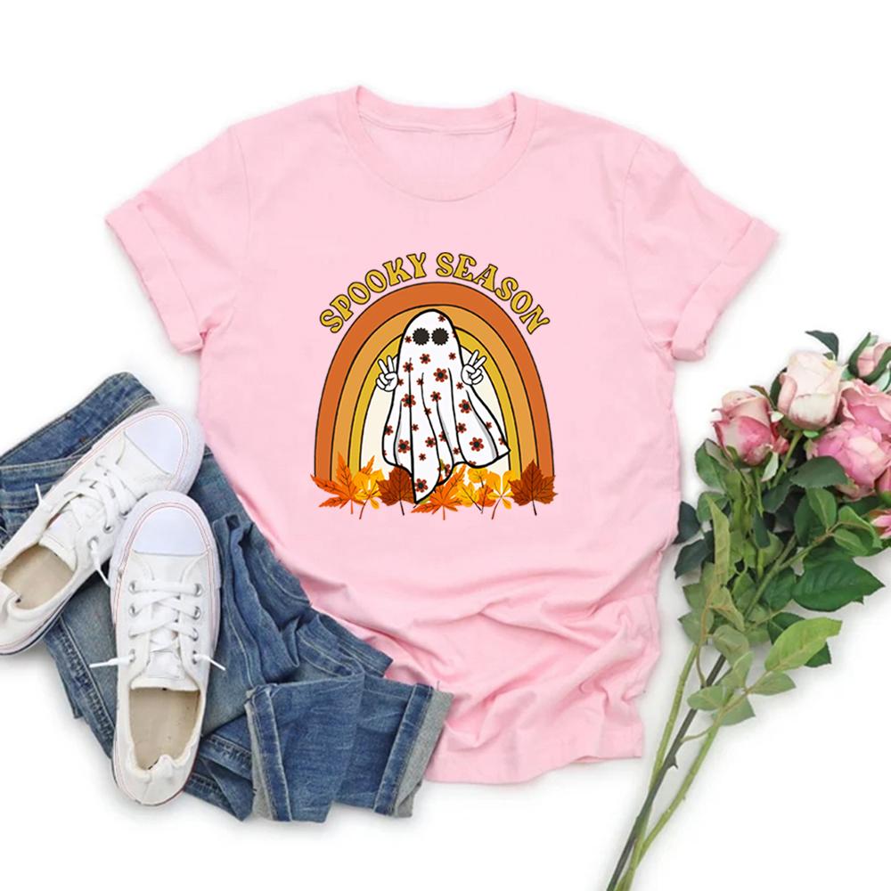 Retro Halloween Tshirt Spooky Season TShirts Cute Ghost T Shirt Fall Rainbow Tshirts Halloween Womens T Shirt Graphic Tees