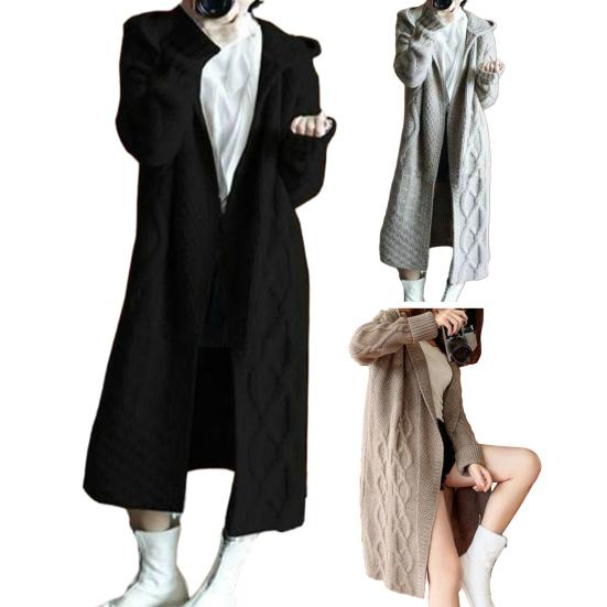 Women Winter Sweater Coat Knitted Thick Hooded Long Sleeve Mid-calf Length Loose Cardiagn Open Stitch Solid Color Soft Oversized Midi Autumn Jacket