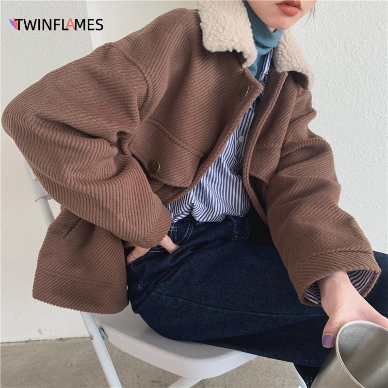 Turn-down Collar Women Jackets Autumn Winter Soft Warm Outerwear Oversize Wool Blends Pockets Short Coat