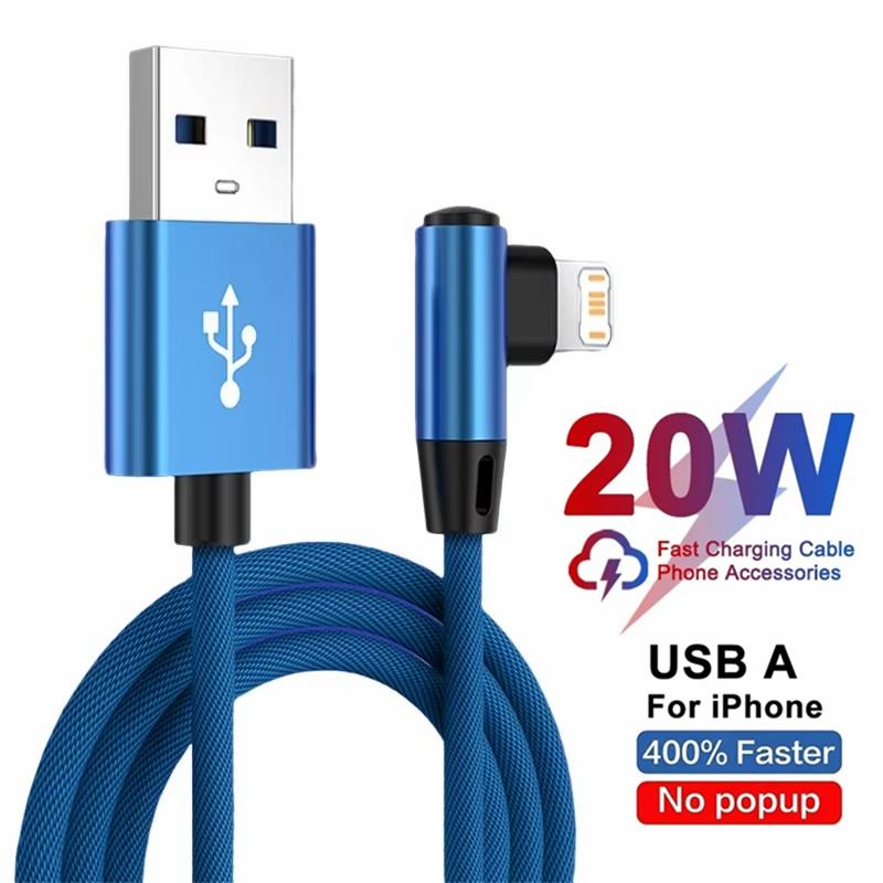 Прямоугольный USB-кабель для быстрой зарядки iPhone 11 12 13 Pro XS Max X XR 6 6S 7 8 14 Plus, плетеный кабель для передачи данных с локтем 1 м 2 м 3 м