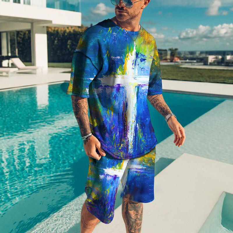 Fashion Men Tracksuit Summer Short Sleeve 3D Print Shirt Outfit O Neck Travel Streetwear T-shirt Set Men's Oversized Clothing