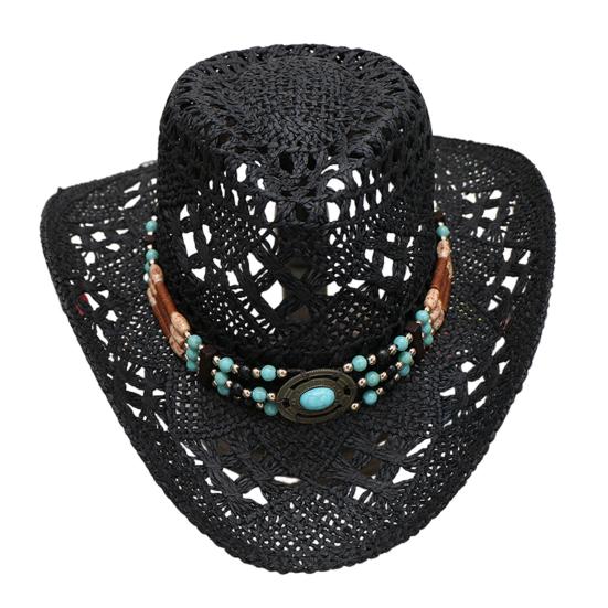 Hat with Decorative Bands Hollow Ultralight Breathable Design Cowgirl Woven Sun