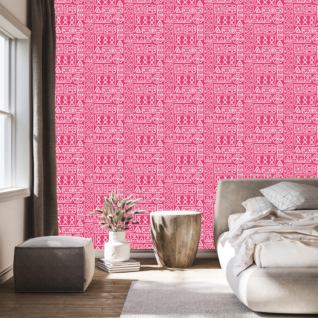 Polynesian Geometric Pattern Wallpaper Powder Pink and Rose 50x1000