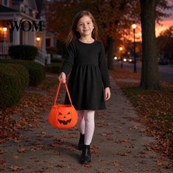 Flexible Hand Strap Bag Halloween Pumpkin Candy for Kids, Small Trick or Treat Bucket, Party Favor Soft Face Basket with Handle Decoration Stiff Tote