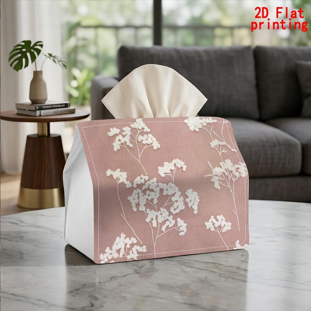 1pc Pink & White Floral Tissue Box Holder Suitable for Kitchen, Living Room, Bathroom - Reusable Compact Tissue Paper Dispenser with White Flower Patt