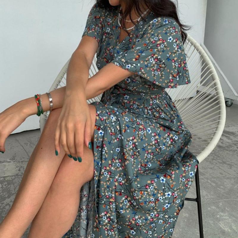 Fashion Women Summer Flower Printed Dress Elegant Short Sleeve Dresses V-Neck Lace-up Sundress Short Sleeve Dress 28113