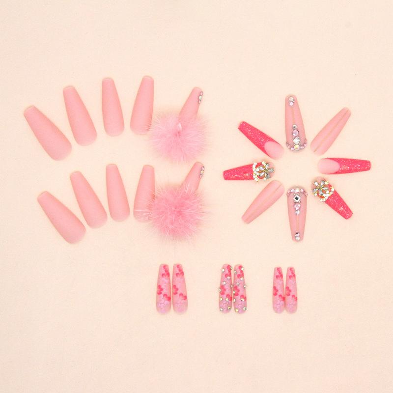 Long Ballet Cute Sweet Girl Diamond Nail Art Peach Hairball Pink Girl ins Wind Wear Nail Art, Fake Nails
