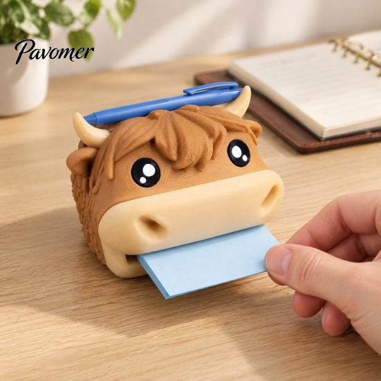 Furry Note Butler 3D Printed Highland Cow Sticky Holder, Cute Desktop Box Durable Plastic Dispenser for Office and Classroom Supplies, Cartoon