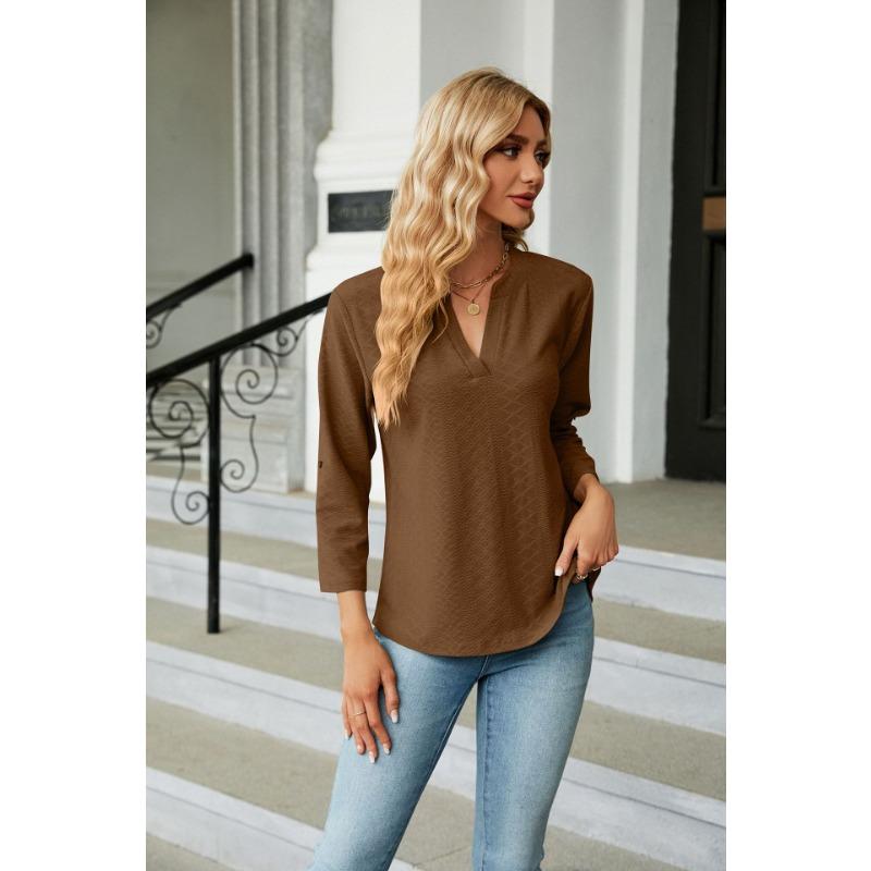 YYFS Женские модные повседневные летние весенние однотонные блузки и рубашки с рукавами 3/4 и v-образным вырезом с принтом