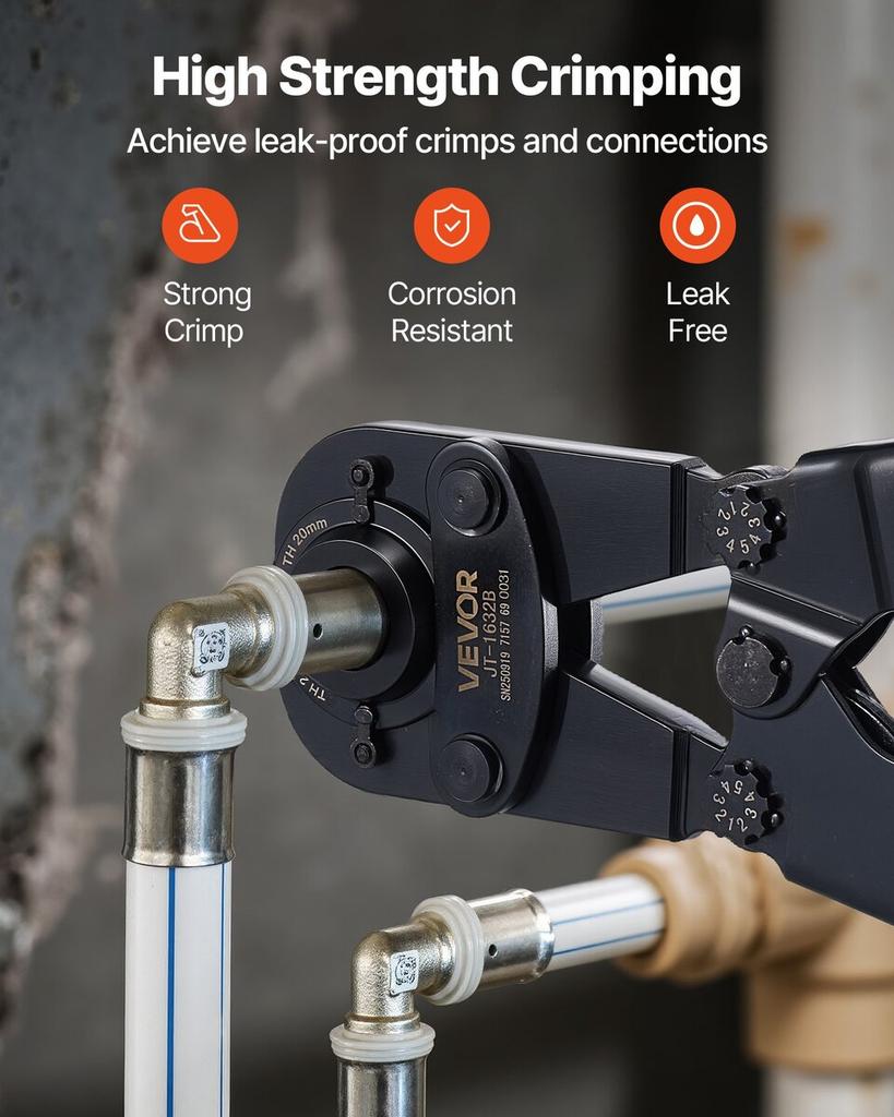 Pipe Crimping Tool Kit, PEX & Aluminum-Plastic Tube Crimper with TH12 TH16 TH20 TH26 TH32 Jaws & Bendable Handle, Compact Single-Port Crimper with
