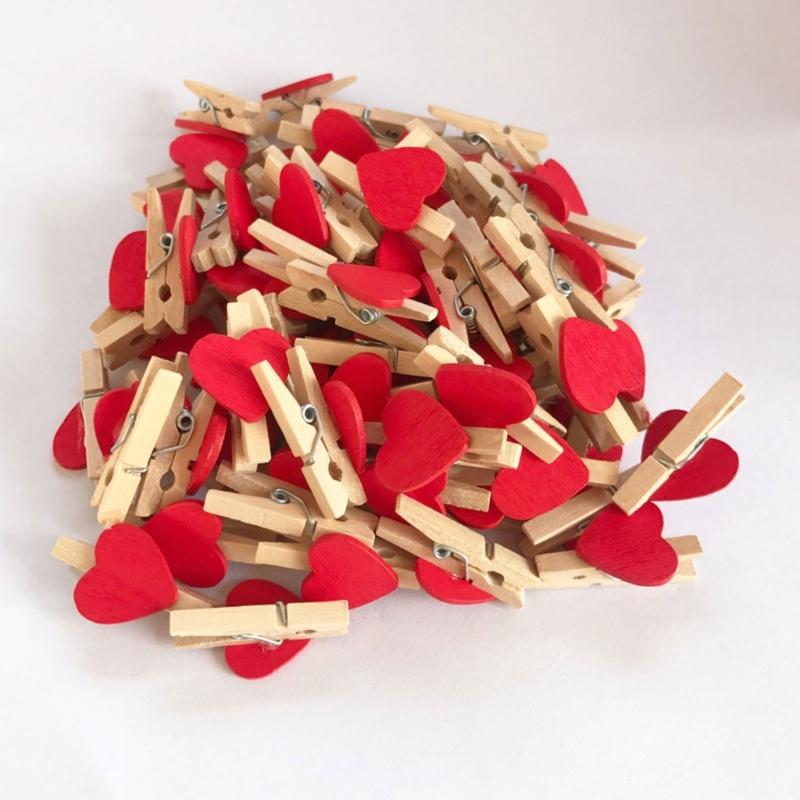 50PCS MultiFunctional Colorful Cute Small Clips Simple Mini Photo Clip Wooden Clips Small Love Heart Pegs Clothespin