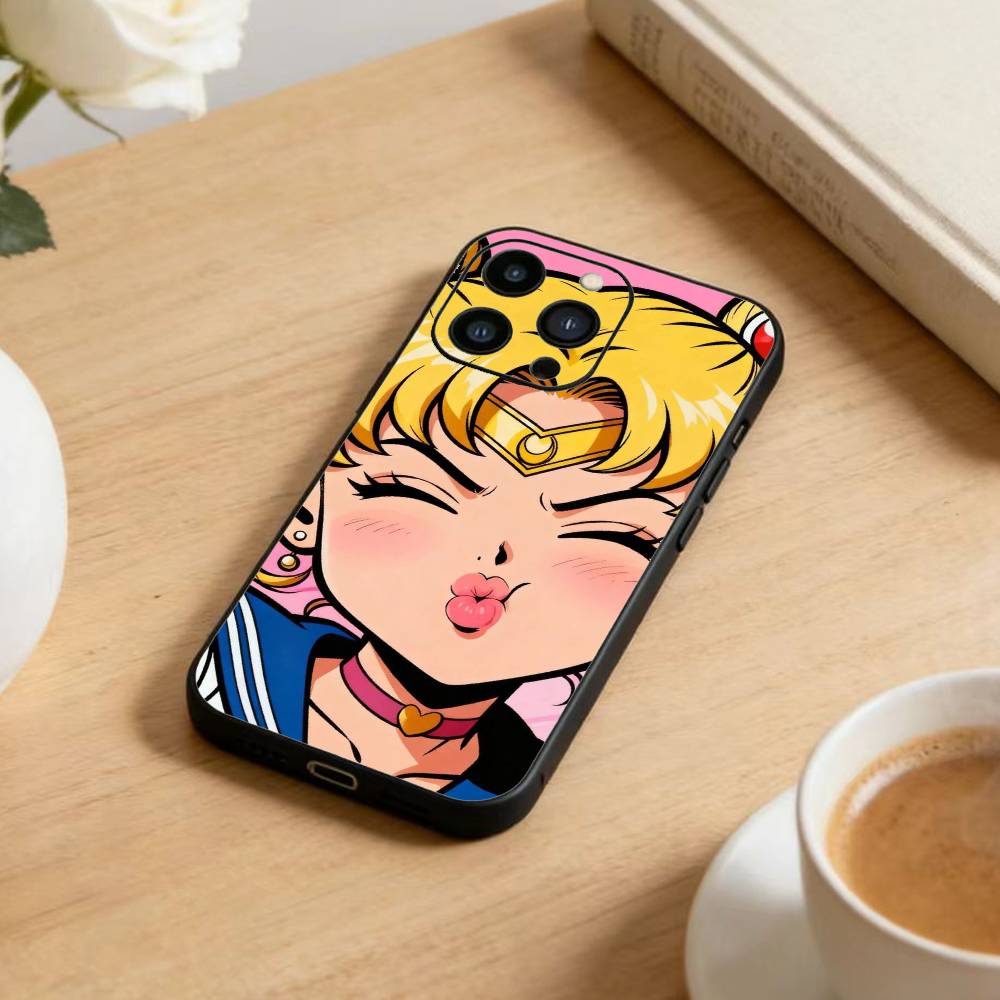 Cartoon S-Sailor M-Moons Phone Case For iPhone17,16,15,14,13,12 Plus,Max Soft Silicone Black Cover