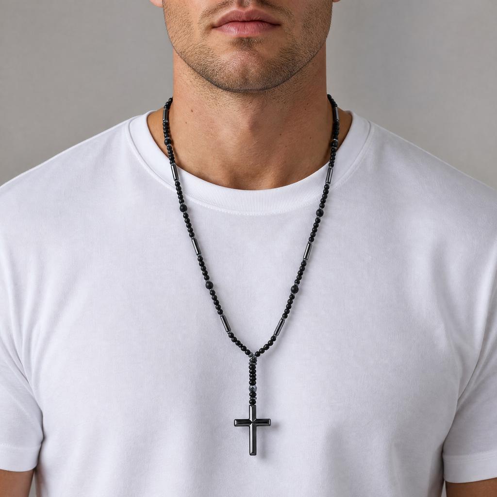 Xiaomi Vnox Hematite Cross Pendant Necklace for Men Black Onyx Beaded Chain Long Male Prayer Jewelry Punk Street Style Gift