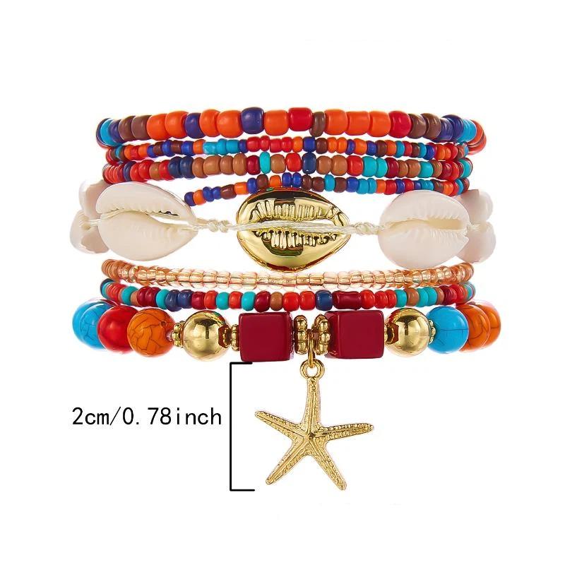 Boho Rice Beads Starfish Pendant Bracelets For Women Summer Ocean Beach Shell Charm Multilayer Bracelet Set