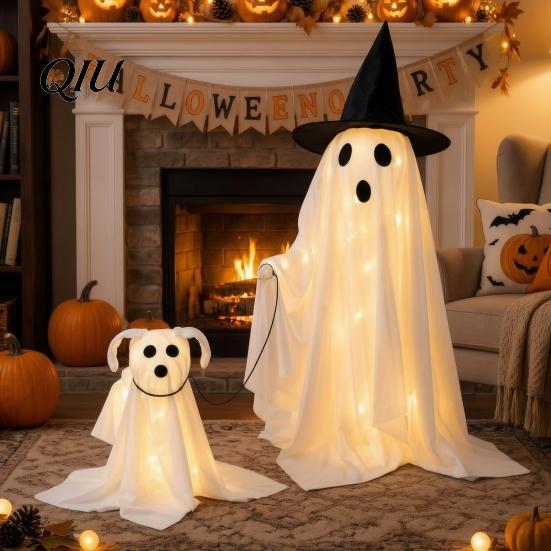 Haunted House Party Supplies Halloween Ghost Walking Dog Decor with LED String Light, Spooky Glowing Battery Powered Lights Puppy for