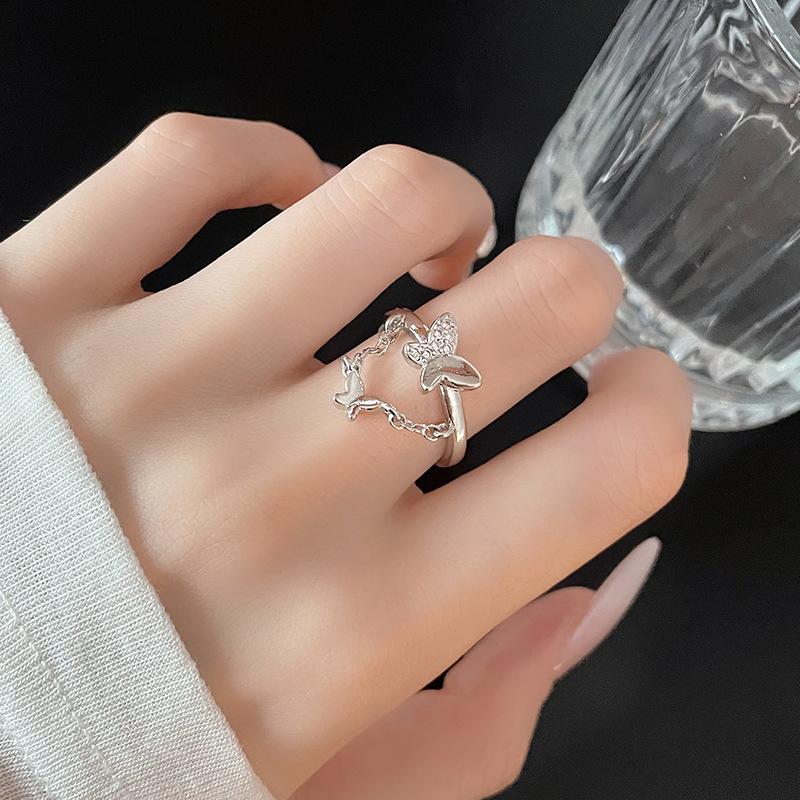 Butterfly Chain, Zircon Ring, Double-Layer Cold Wind Ring, Personalized Hip-Hop Index Finger Ring, Niche Design