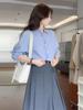 Blue striped shirt women's long-sleeved retro Hong Kong-style loose professional shirt stacked with small high spring top