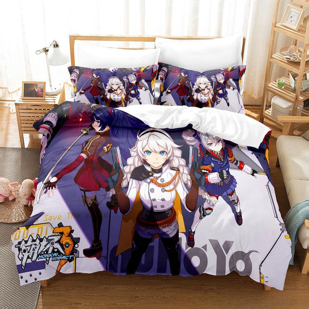 Игровой комплект постельного белья Honkai Impact 3 Односпальный Полуторный Двуспальный Кинг-сайз Комплект для кровати Взрослый Детский Спальня Комплекты пододеяльников Аниме Комплект простыней