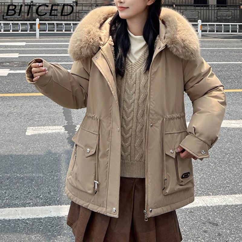 BITCED Winter Thickened Puffer Coat for Women with Waist-cinching, Slimming Fit, Hood and Large Fur Collar for Warmth
