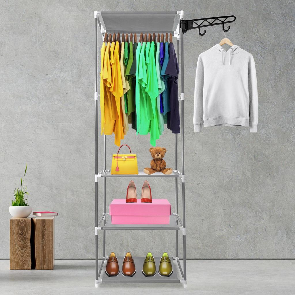 Nyana Home Static Dressing Wardrobe 170x55x35cm 3 Shelves 1 Top Bar 1 Side Hanger