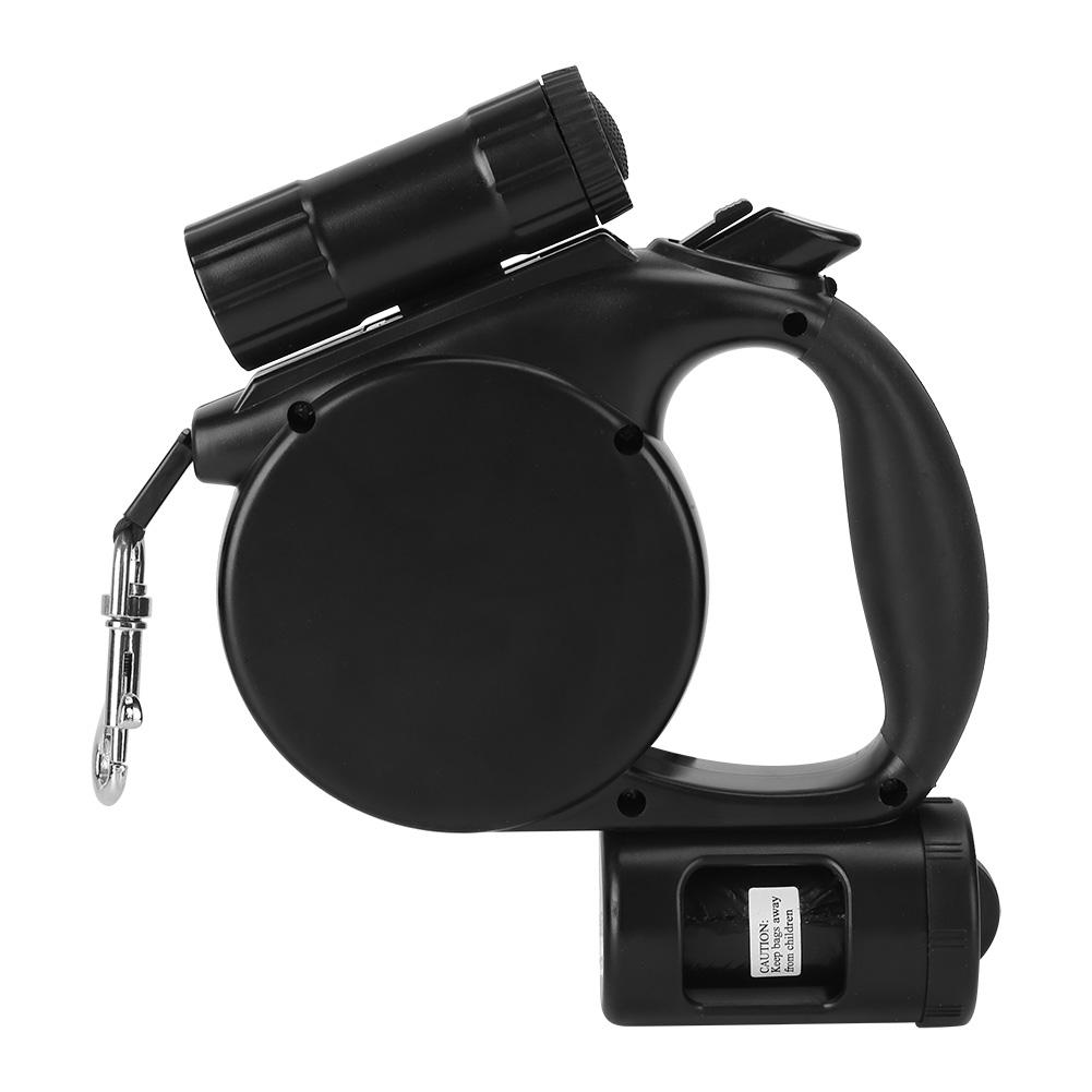 3 In 1 Black Plastic Portable Pet Automatic Retractable Traction Leash Rope with LED Light Garbage Bag for Dogs Cats