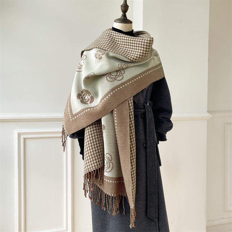 Scarf Women's Autumn and Winter New Core-spun Yarn Camellia Thousand Bird Grid Double-sided Warm Shawl Versatile Decorative Cashmere Scarf