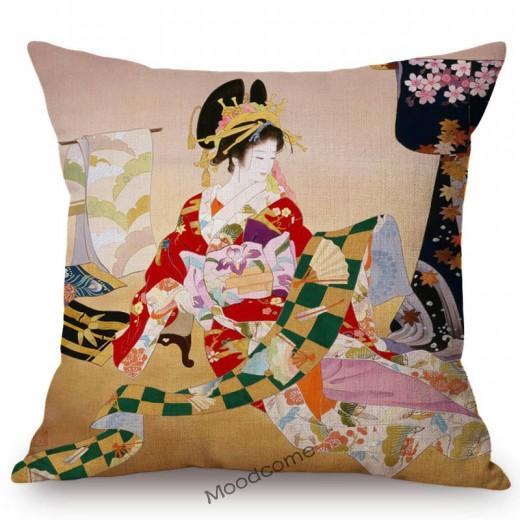 Ancient Japanese Traditional Geisha Oil Painting Art Home Decorative Sofa Throw Pillow Case Beautiful Girl Linen Cushion Cover