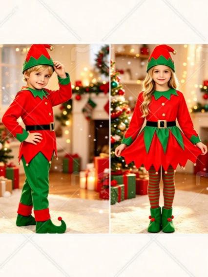 2026 Christmas Parent-Child Costume Kids Cosplay Green Elf Role-Play Set for Kindergarten Holiday Family Matching Outfit
